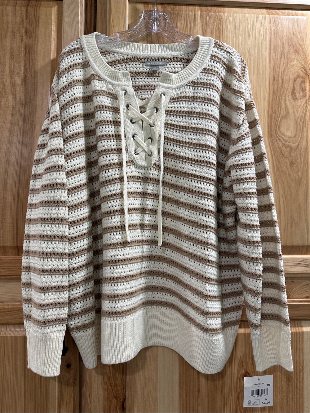 New! Falls Creek 3X Lace-Up Striped Coastal Grandma Nautical Sweater Cream Tan